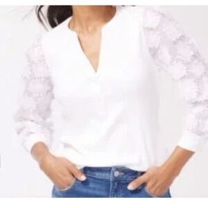 Chicos 3 WHITE Cottagecore White Henley Sheer 3D Appliqué Flower Sleeves US Xl